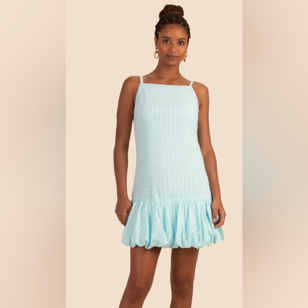 Light Blue Seersucker Bubble Hem Mini Dress Square Neck Spaghetti Strap‎ XS